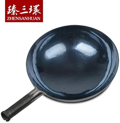 ?삡툒??ZhenSanHuan Chinese Hand Hammered Iron Woks and Stir Fry Pans, Non-stick, No Coating, Carbon Steel Pow (30CM, Blue Black - Seasoned)