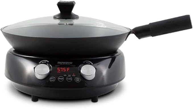 Nuwave Mosaic Induction Wok, Precise Temp Controls from 100째F to 575째F in 5째F, Wok Hei, Infuse Complex Charred Aroma & Flavor, 3 Watts 600,900 & 1500, Authentic 14-inch Carbon Steel Wok Included,Black