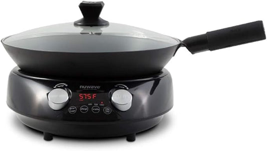 Nuwave Mosaic Induction Wok, Precise Temp Controls from 100째F to 575째F in 5째F, Wok Hei, Infuse Complex Charred Aroma & Flavor, 3 Watts 600,900 & 1500, Authentic 14-inch Carbon Steel Wok Included,Black