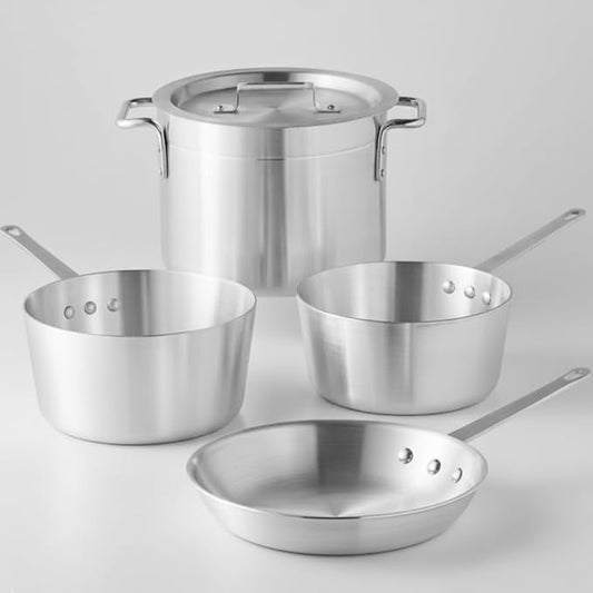 5-Piece Aluminum Cookware Set ??Includes 2.75 Qt & 3.75 Qt Sauce Pans, 8 Qt Stock Pot with Cover, and 10" Fry Pan ??Heavy-Duty Riveted Handles, Superior Heat Distribution (5-Piece Set)