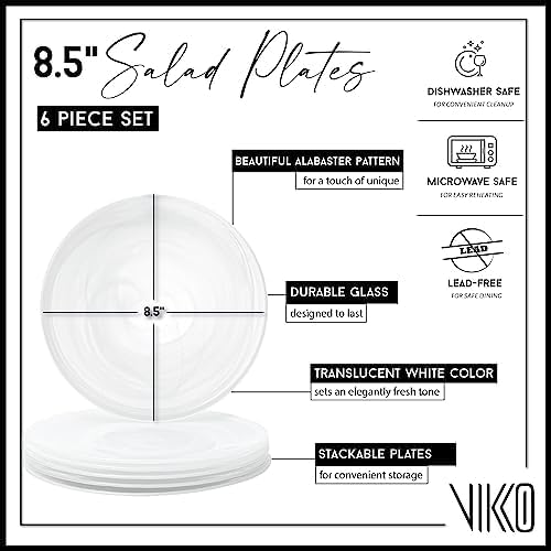 Vikko Lunch Plates, Set of 4 White Alabaster Plates, 8.5" Plate with Marbelized, Swirl Design, Elegant Glass Entr챕e Plate, Dishwasher Safe