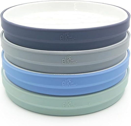 Elk and Friends Kids 7.8??Porcelain White Plates with Silicone Sleeves | Suitable for Babies/Toddlers | Microwave & Dishwasher Safe | Non Slip Dinnerware | Snack Dishes | 4 Pack