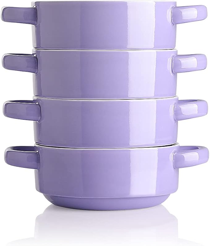 Sweejar Ceramic Soup Bowls with Double Handles, 20 Oz Stacked Bowls for French Onion Soup, Cereal, Pot Pies, Stew, Chill, Pasta, Set of 4 (Purple)