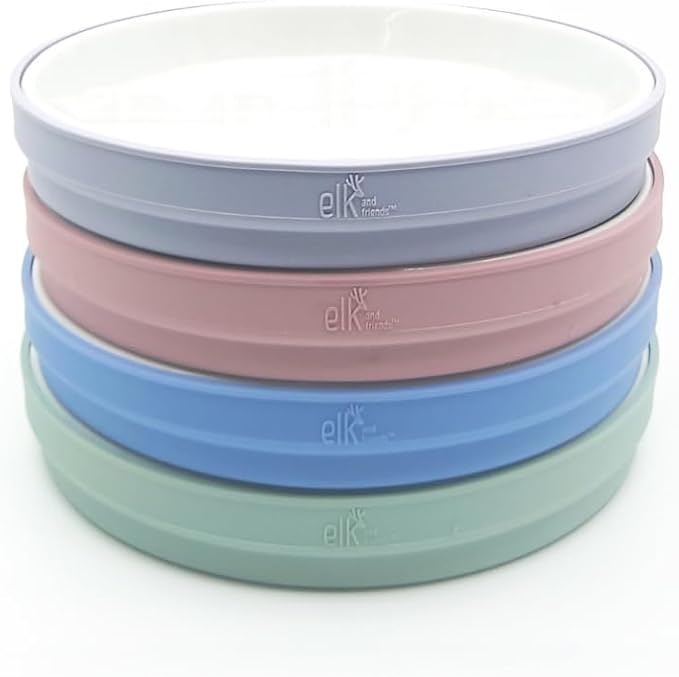 Elk and Friends Kids 7.8??Porcelain White Plates with Silicone Sleeves | Suitable for Babies/Toddlers | Microwave & Dishwasher Safe | Non Slip Dinnerware | Snack Dishes | 4 Pack