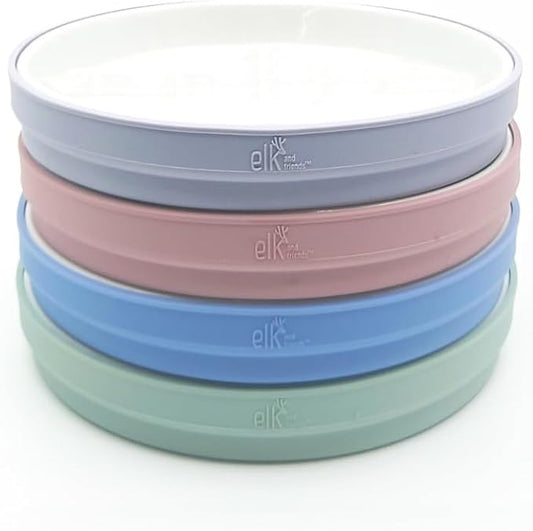 Elk and Friends Kids 7.8??Porcelain White Plates with Silicone Sleeves | Suitable for Babies/Toddlers | Microwave & Dishwasher Safe | Non Slip Dinnerware | Snack Dishes | 4 Pack