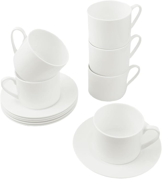 Fine Bone China Tea Cup and Saucer Set of 6, 9oz for Latte, Americano and Tea, Pure Milk White Color With Fine Glaze Easy to Clean, Thin and Lightweight Comfortable to Hold, Microwave Dishwasher Safe