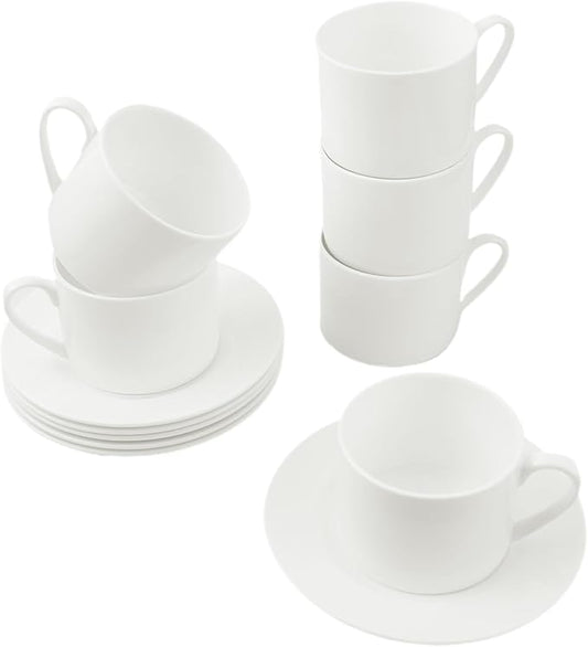 Fine Bone China Tea Cup and Saucer Set of 6, 9oz for Latte, Americano and Tea, Pure Milk White Color With Fine Glaze Easy to Clean, Thin and Lightweight Comfortable to Hold, Microwave Dishwasher Safe