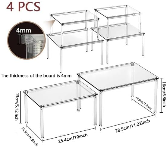 4Pcs Large Acrylic Kitchen Cabinet Organizer Shelf, Clear Spice Rack, Plate and Cupboard Storage Riser, Versatile Pantry Shelf, Stackable Kitchen Countertop Display Rack Decor for Gift