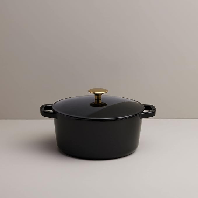 Milo by Kana 3.5-quart Enameled Cast Iron Dutch Oven with Lid | Premium Casserole Cooking Pot | Enamel Coating Inside and Out | Oven Safe and Dishwasher Friendly (Gloss Black with Gold Knob)