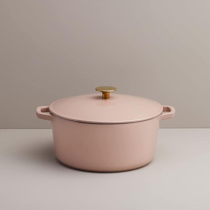 Milo by Kana 5.5-quart Enameled Cast Iron Dutch Oven with Lid | Premium Casserole Cooking Pot | Enamel Coating Inside and Out | Oven Safe and Dishwasher Friendly (Dusty Pink with Gold Knob)