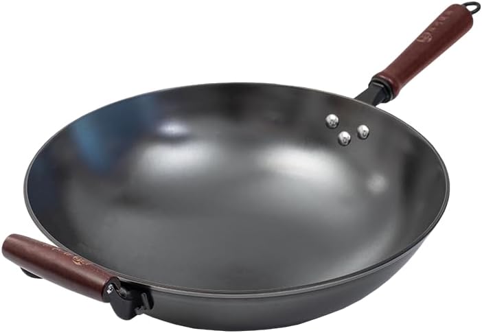 Chinese Cast Iron Wok Pan, 13.4Inch(34cm) Stir-Frying Saute Cooking Pan Cookware with Wooden Handle Use on Gas stove, Campfire Open Fire Stir-Fry, Black Physical Non Stick