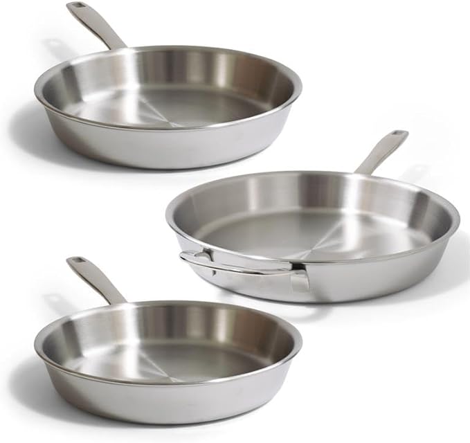 Alva Maestro 5-Ply Stainless Steel Frying Pan 3-Piece Set ??Made Without PFAS/PFOA/PTFE, Non-Toxic Cookware ??Induction & All Stovetop Compatible, Oven Safe, Even Heat Distribution ??Belgian Designed