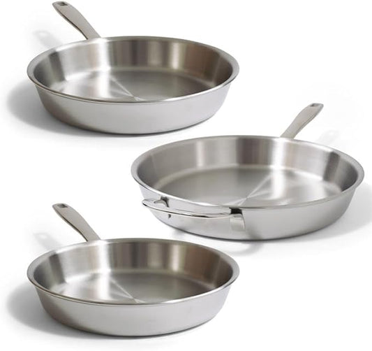 Alva Maestro 5-Ply Stainless Steel Frying Pan 3-Piece Set ??Made Without PFAS/PFOA/PTFE, Non-Toxic Cookware ??Induction & All Stovetop Compatible, Oven Safe, Even Heat Distribution ??Belgian Designed