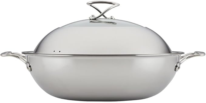 Circulon Clad Stainless Steel Wok/Stir Fry with Glass Lid and Hybrid SteelShield and Nonstick Technology, 14 Inch - Silver