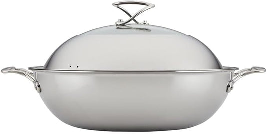 Circulon Clad Stainless Steel Wok/Stir Fry with Glass Lid and Hybrid SteelShield and Nonstick Technology, 14 Inch - Silver
