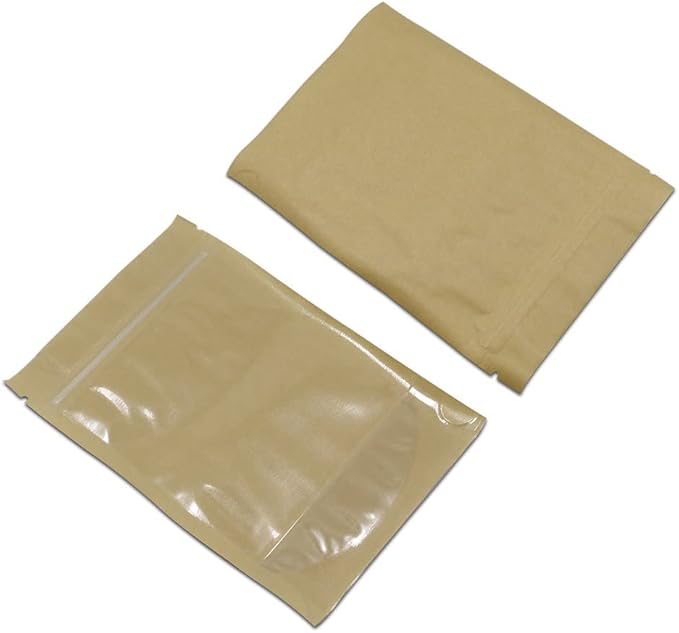 FERENLI 50 Pcs 3.9x5.9 inch (Inside Size 3.1x3.3) Clear Front Brown Kraft Paper for Zip Plastic Package Lock Bag Doypack Stand Up Pouch Reclosable Pouch Nuts Coffee Food Storage Packaging Pack