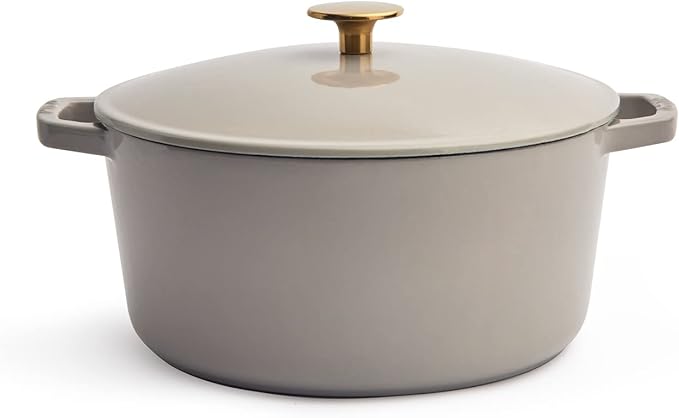 Milo by Kana 5.5-quart Enameled Cast Iron Dutch Oven with Lid | Premium Casserole Cooking Pot | Enamel Coating Inside and Out | Oven Safe and Dishwasher Friendly (Pebble with Gold Knob)