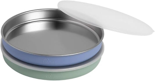 Elk and Friends 7.8??Stainless Steel Non Divided Plates with Silicone Sleeve + Storage Lid | Baby, Toddler, Kids | Dishwasher Safe | Dinner & Snack Plates | 2 Pack