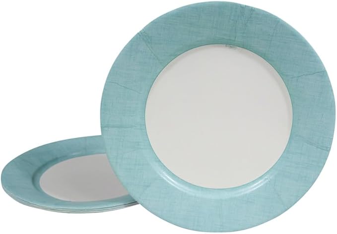 Caspari Linen Border Paper Dinner Plates in Robin's Egg Blue - Pack of 8