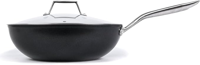 TECHEF - Onyx Collection, 12" Nonstick Flat Bottom Wok/Stir-Fry Pan with Glass Lid, PFOA Free, Dishwasher and Oven Safe, Made in Korea