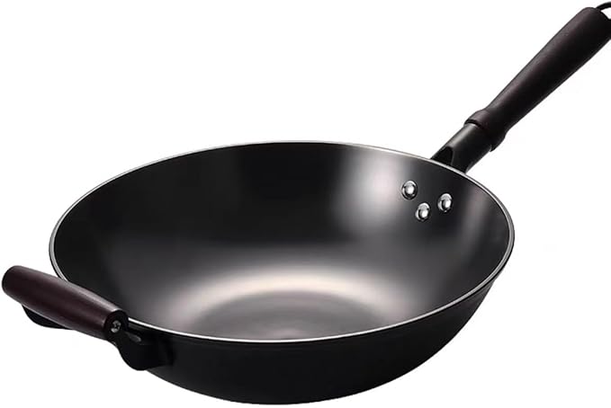 13.4" Cast Iron Flat-bottom Wok, Traditional Chinese Cooking Pan, Saute Stir-Fry Cookware with Wooden Handle, Physical Non Stick, Use on Induction, Electric, Gas, Open Fire,BBQ,Grill &Camping