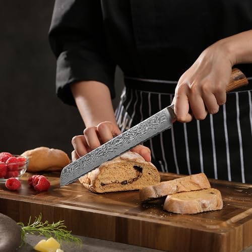 Wakoli EDIB Pro Premium Damascus Bread Knife ??Japanese Style Kitchen Knife | 7.9-Inch Blade Made of 67-Layer Damascus Steel with Corrugated Polished Blade | Ergonomic Pakkawood Handle