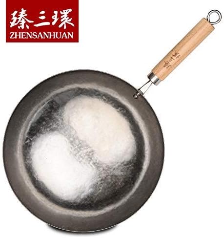 ?삡툒??ZhenSanHuan Chinese Hand Hammered Iron Pow Woks and Stir Fry Pans Wooden Handle Round Bottom (30CM, Silver-Not Seasoned)