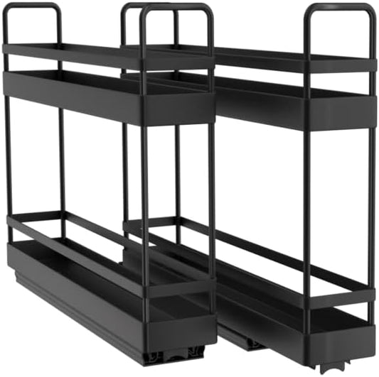 Finnhomy Pull Out Spice Racks for Inside Cabinets, Whole Metal Manufacturing, Vertical Spice Rack Pull Out, Spice Organizer, 2.16" W 횞 10.39" D 횞 9.76" H, 2 Drawers & 2 Tiers, 2 Pack, Black