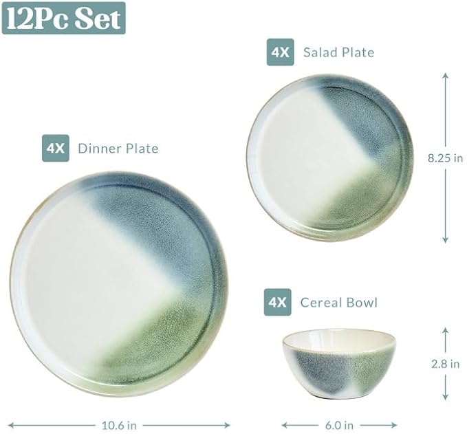 Sango 12 Pieces Stoneware Dinnerware Set, Glossy Blue, Green & White Dishes for 4, Premium Plates and Bowls Sets, Chip Resistant, Ceramic Kitchen Dish Set, Microwave & Dishwasher Safe, Color Block