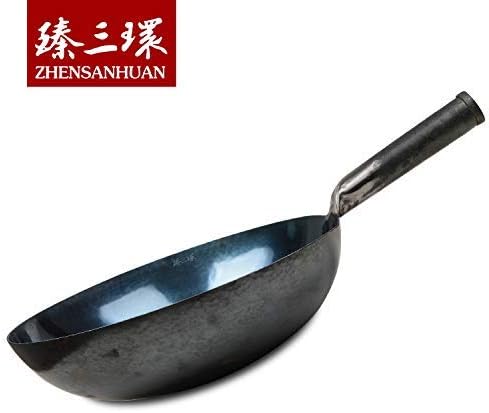 ?삡툒??ZhenSanHuan Chinese Hand Hammered Iron Woks and Stir Fry Pans, Non-stick, No Coating, Carbon Steel Pow (34CM, Blue Black - Seasoned)