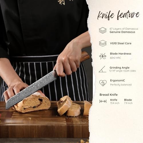 Wakoli EDIB Pro Premium Damascus Bread Knife ??Japanese Style Kitchen Knife | 7.9-Inch Blade Made of 67-Layer Damascus Steel with Corrugated Polished Blade | Ergonomic Pakkawood Handle