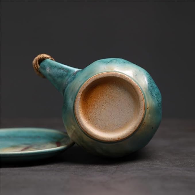 Small 8oz Unique Vintage Retro Japanese Handmade Ceramic Cappuccino Barista Cup with Saucer ??Artisanal Stoneware Coffee Mug, Lead-Free Latte Art Mug,Teal Green tea cup, Handcrafted Pottery tea mug