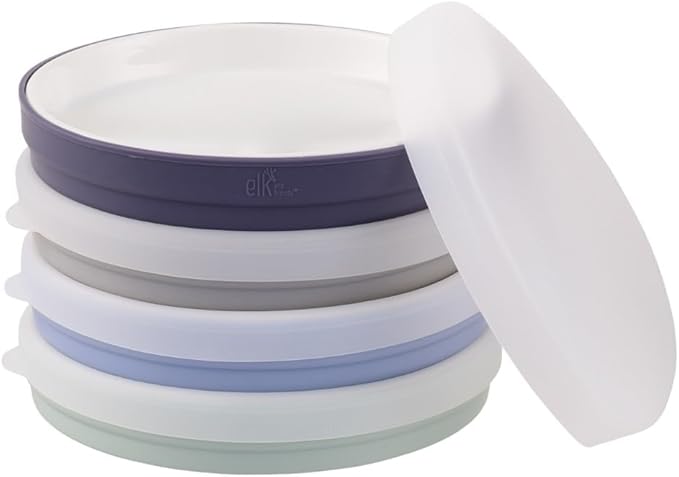 Elk and Friends Kids 7.8??Porcelain White Plates with Silicone Sleeves + Lids | Suitable for Babies/Toddlers | Microwave & Dishwasher Safe | Non Slip Dinnerware | Snack Dishes | 4 Pack
