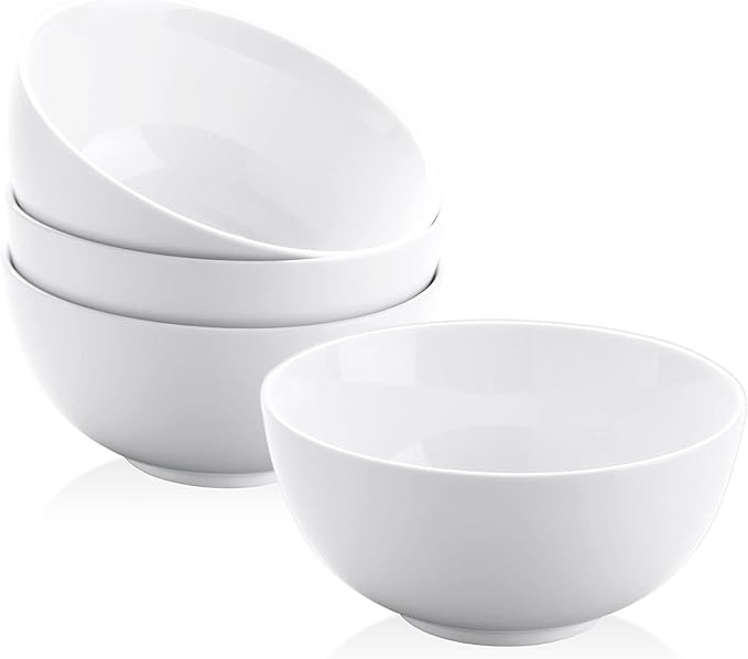 Yedio 22 oz White Porcelain Bowls Set of 4 ??Cereal, Soup, Rice, Oatmeal & Salad Bowls ??Microwave & Dishwasher Safe, Stackable for Kitchen Use