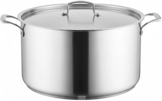 20 Qt Tri-Ply Stainless Steel Stock Pot with Cover, NSF Listed, Induction Ready, Dishwasher Safe, 7.5 Inch Height, Silver Satin Finish