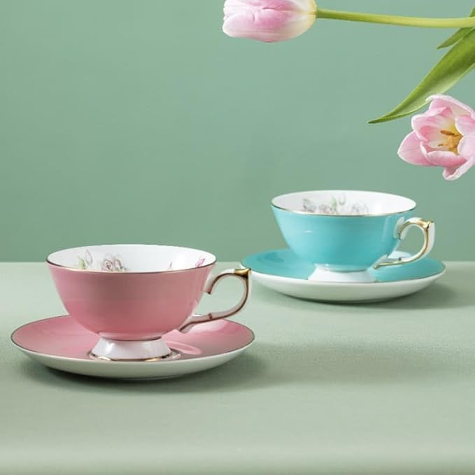 Aynsley Elizabeth Rose Fine Bone China Teacup and Saucer Set - 6.76oz Hand-Painted Gold-Trimmed Floral Vintage Set, Fancy Gift for Christmas/Wedding/New Year (Pink)