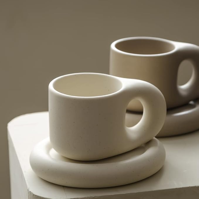 WENSHUO Chubby Funny Coffee Mug, Novelty Cute Cup and Saucer, Matte Cr챔me, 9 oz (Coconut Caf챕)
