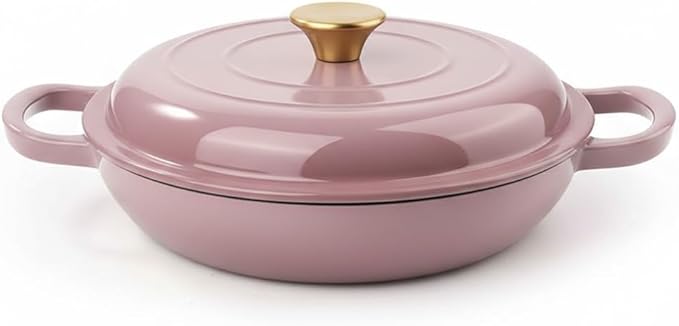 Vintage Style 3 Quart Enameled Cast Iron Braiser, Non Stick Enameled Cast Iron Skillet with Lid, Dutch Oven Skillet with lid up to 500째F for Oven, Stove, Grill, Shallow Dutch Oven for Cook, Bake (Pink)