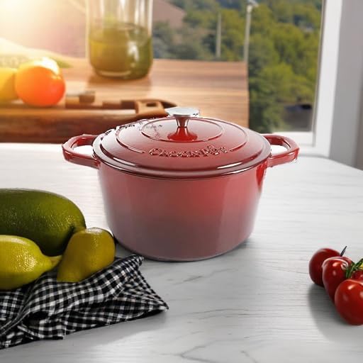 Crock-Pot Artisan 7-Quart Round Enameled Cast Iron Dutch Oven ??Scarlet Red, Heavy-Duty Cookware for Slow Cooking, Baking, Roasting with Lid