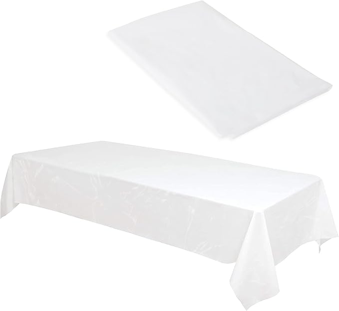 TULLIPAK BULK White Plastic Tablecloths | 100 Pack | 54inx108in | Fits standard folding and picnic tables | Folded, Easy Grab & Go | Rectangle Disposable Waterproof | 100 TABLECLOTHS | MADE IN THE USA