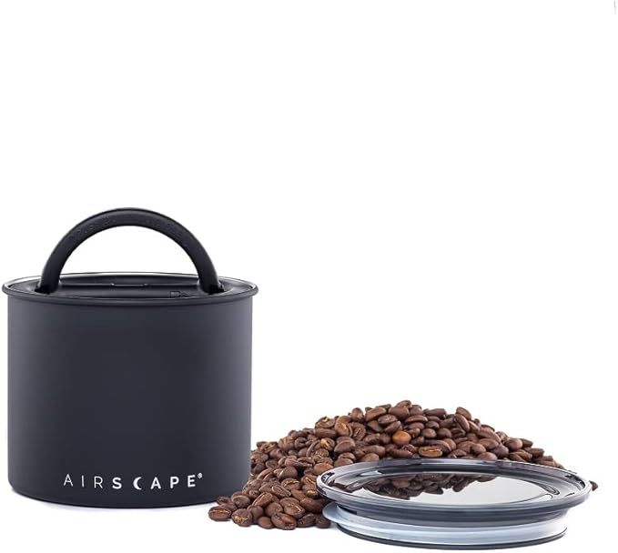 Planetary Design Airscape짰 Stainless Steel Coffee Canister | Food Storage Container | US Patented Inner Plunger Lid REMOVES Excess Oxygen | Don't Buy airtight, Buy AIR-Less (Small, Matte Black)