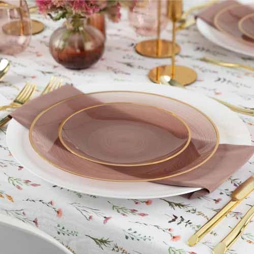 PLASTICPRO 64 Pieces Crystal Design Plastic Plates Combo Pack 32-7 inch and 32-10 inch with Gold Rim Elegant Disposable Plates, Rose Color with Gold Rim
