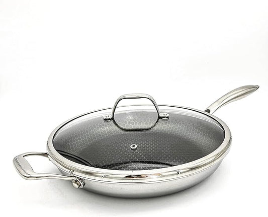 Cooksy 12 Inch Honeycomb Ceramic Surface Hybrid Stainless Steel Frying Pan with Lid New Version