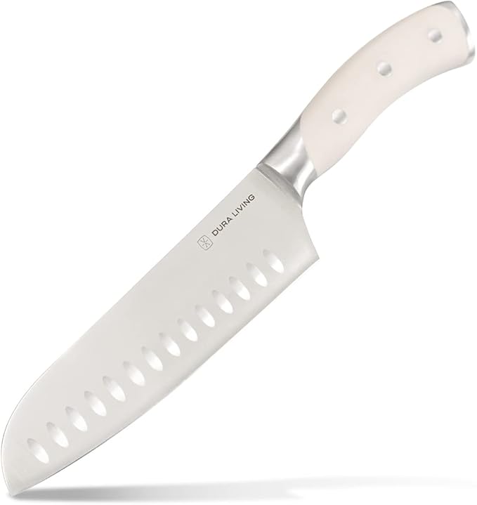 DURA LIVING 7-Inch Santoku Knife ??Ultra-Sharp German High Carbon Stainless Steel, Full Tang, Ergonomic Handle, Multipurpose Kitchen Knife for Chopping, Slicing, and Dicing, Cream