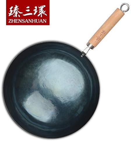 ZhenSanHuan Chinese Hand Hammered Iron Pow Woks and Stir Fry Pans Wooden Handle (Seasoned 32CM)