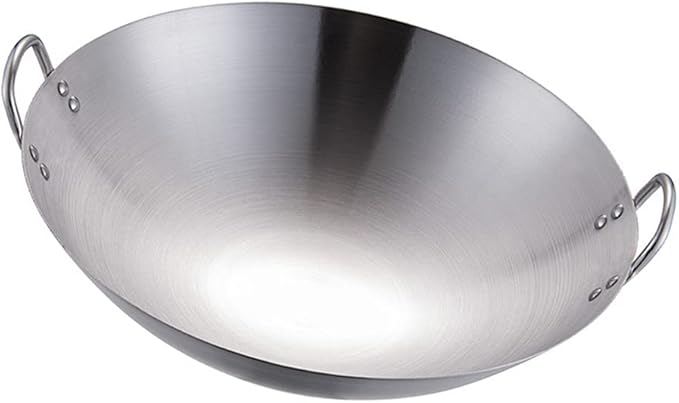 DOITOOL Stainless Steel Wok with Double Handles 12.6 Inch Round Bottom Pan for Stir Frying and Cooking Kitchen Use