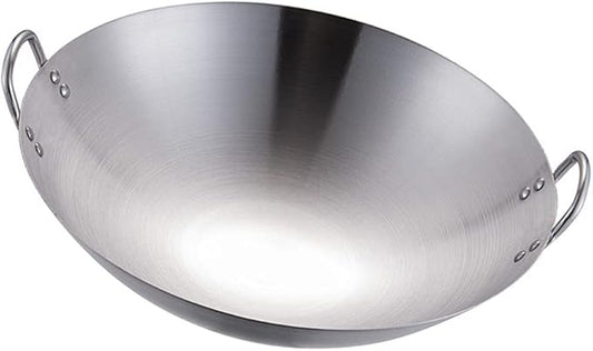 DOITOOL Stainless Steel Wok with Double Handles 12.6 Inch Round Bottom Pan for Stir Frying and Cooking Kitchen Use