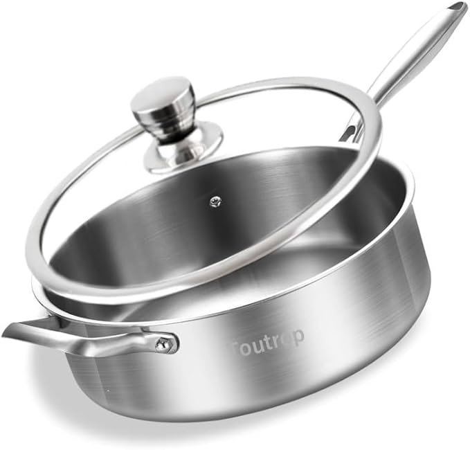 Tri-Ply Stainless Steel 8 Quarts Saut챕 Pan with Lid,13 Inch Induction Deep Frying Pan,Large Skillet, Dishwasher And Oven Safe,Detachable Handle