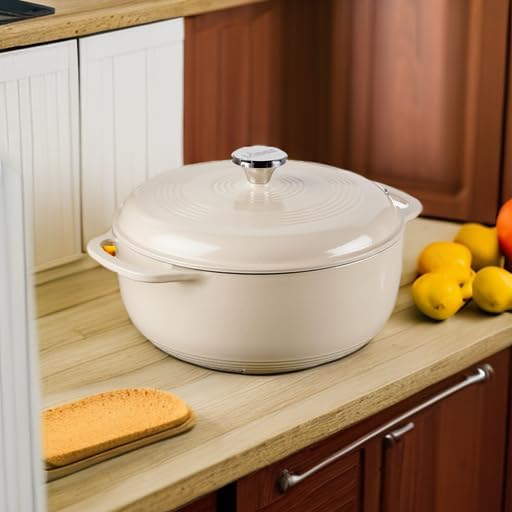 Lodge 6 Quart Enameled Cast Iron Dutch Oven with Lid ??Dual Handles ??Oven Safe up to 500째 F or on Stovetop - Use to Marinate, Cook, Bake, Refrigerate and Serve ??Sandalwood