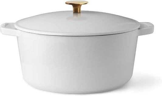 Milo by Kana 3.5-quart Enameled Cast Iron Dutch Oven with Lid | Premium Casserole Cooking Pot | Enamel Coating Inside and Out | Oven Safe and Dishwasher Friendly (White with Gold Knob)
